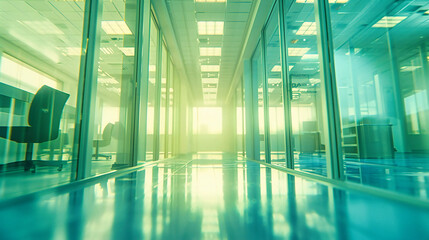 Business Architecture Interior, Modern Hallway with Light Reflections, Empty Glass Corridor, Futuristic Urban Design