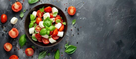 A top view of a bowl filled with vibrant red tomatoes, creamy mozzarella cheese, and fresh green basil leaves, creating a traditional Italian salad.