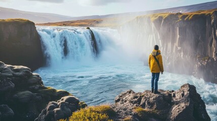 Adventurous man at waterfall in the mountains