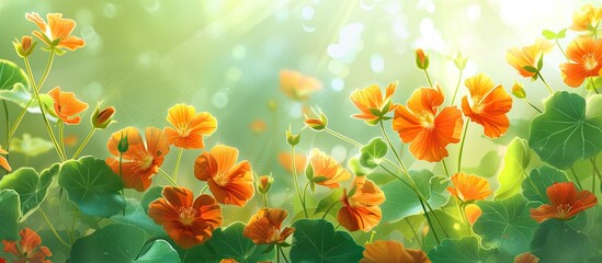 A bunch of picturesque nasturtium flowers with graceful ears and green foliage scattered in the vibrant green grass under the bright summer sun.