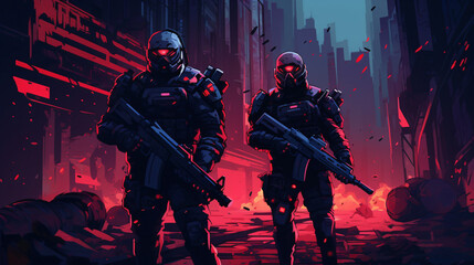 Futuristic conflict abstract pixelated soldiers.