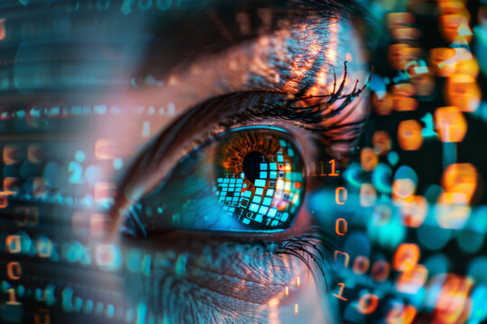A close up of a woman 's eye with binary numbers reflected in it
