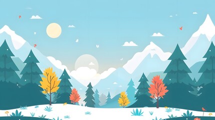 Serene Winter Landscape: Snow, Colorful Trees, Majestic Mountains