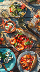 Mediterranean seafood feast on a sunny table - An abundant display of Mediterranean cuisine featuring fresh seafood, fruits, and salad spread on a rustic wooden table bathed in warm sunlight