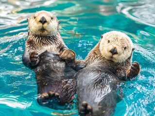 Two furry sea otters swimming in the water