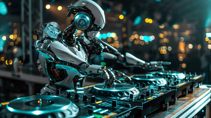 Futuristic robot DJ pointing and playing music.