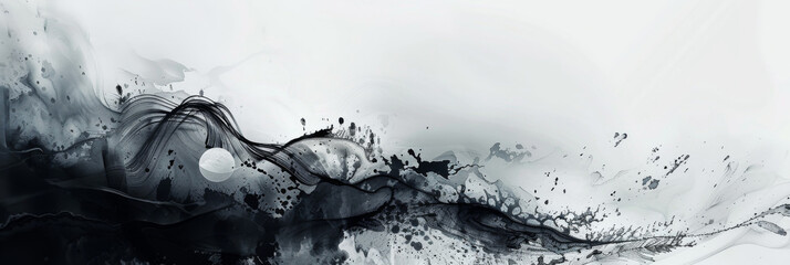 Monochrome abstract liquid art forms - This piece consists of fluid monochrome shapes resembling ink suspended in water with a central bright focus suggesting connectivity and flow - obrazy, fototapety, plakaty