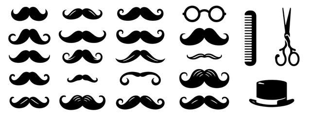 Set of hand drawn old fashion mustaches. Black contour artistic drawing. Actual hipster vector. Male barber shop illustration