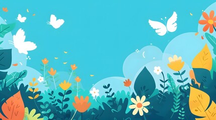 Fototapeta na wymiar Vibrant Nature Scene: Butterflies, Blooming Flowers, and Lush Greenery Under Clear Blue Sky