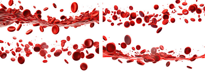 Set of dynamic red blood cells flowing in plasma, cut out