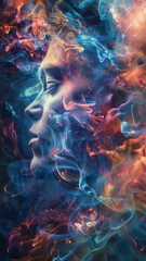 Mystical digital artwork of human profile - Mesmerizing digital artwork showcasing a human profile enveloped in a dance of brilliant colors and dreamlike swirls