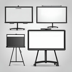 screen with blank screen. Set of blank whiteboard on a black stand. Vector illustration.