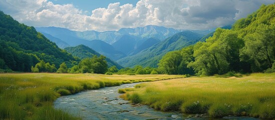A painting depicting the Gega river winding its way through a vibrant green valley with the backdrop of the Gagra ridge in Abkhazia during the summer season. The lush vegetation and clear water create