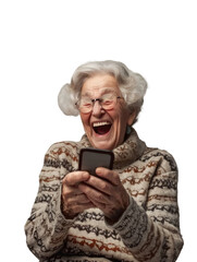 Elderly woman with surprise emotion when looking mobile phone
