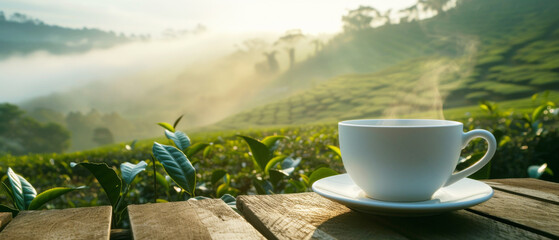 Steaming tea with Sunrise over Tea Plantation, A serene scene with a steaming tea placed on a wooden surface, overlooking a misty tea plantation at sunrise.