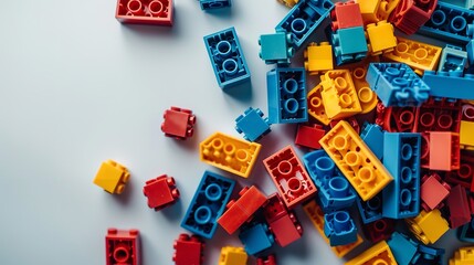 Top view with piles of colorful big  toy bricks kept on a white surface with space for text or product, Generative AI.