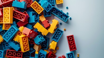 Top view with piles of colorful big  toy bricks kept on a white surface with space for text or product, Generative AI.