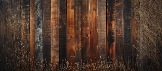 A sturdy wall constructed with wooden planks, interspersed with patches of lush green grass. The wooden planks are aligned vertically and horizontally, creating a barrier with a natural touch. - obrazy, fototapety, plakaty