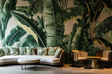 Tropical banana leaves patterns on walls for a lively and exotic atmosphere
