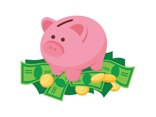 Pink saving piggy bank on a pile of money vector illustration. Cute piggy bank icon vector isolated on a white background. Saving money design element suitable for card, background, banner