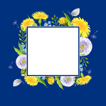 watercolor square blue frame with summer field flowers, hand draw illustration of yellow dandelions and blow balls, leaves, herbs, butterfly on blue background