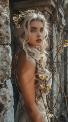 Beautiful Blonde Woman Background in the Style with Nature Reclaiming the Ruins of Civilization around Her with Vines and Wildflowers created with Generative AI Technology