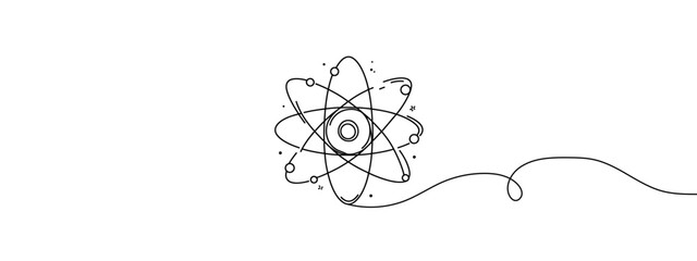 Atom as a symbol of science and various molecules around. World Science Day. One line drawing for different uses. Vector illustration.