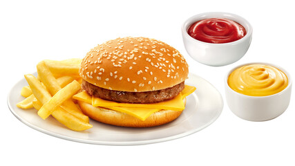 prato com hambúrguer com queijo cheddar acompanhado de batatas fritas crocantes, pote de molho de ketchup e mostarda isolado em fundo transparente