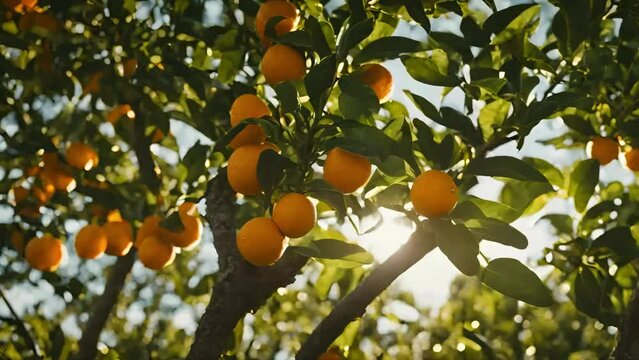 oranges on the tree branch, sunset light. sunlight video looping background, speing background, seamless loopig, 4k video, relaxing ature video, youtube videos, stock videos, stock life videos.