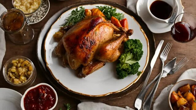 roasted chicken served with a mouthwatering gravy, Closeup of a pan filled with sizzling organic chicken, chicken broast, made with Ai generative technology, stock video, food stock videos, 4k video