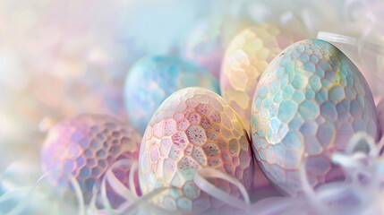 Colorful Easter eggs in pastel colors on a white background.