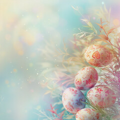 Easter background with eggs and spring flowers. Greeting card.