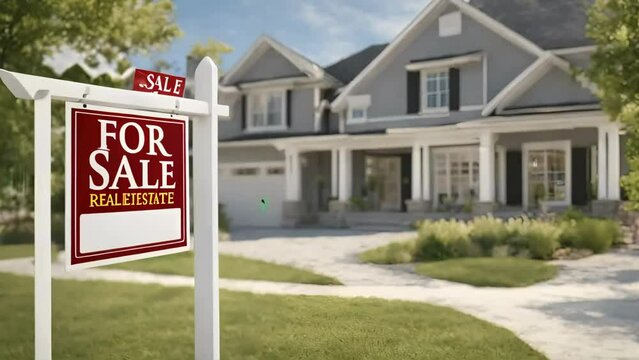 luxury house For Sale Real Estate Sign in Front of New House. Generative AI image, Modern house with garden, real estate properties, business, looping animation, 4k video animation, business video	