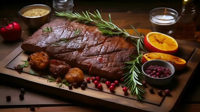 Still life with exquisitely served steak meat on a wooden board garnished with fresh herbs, lemon and grapes,
Concept: cooking, stack recipes, healthy eating publications, restaurant menus or culinary