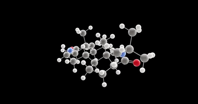 Finasteride molecule, rotating 3D model of antiandrogen, looped video on a black background