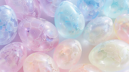 Beautiful background with transparent glass Easter eggs. 3d rendering, 3d illustration.