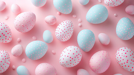 Pastel pink and blue Easter eggs with polka dots pattern on pastel pink background. 3d rendering
