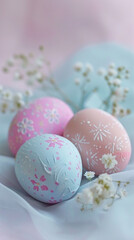 Easter eggs and gypsophila flowers on pastel background
