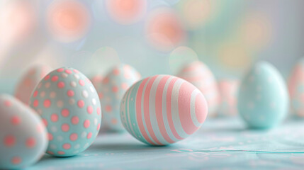 Easter eggs in pastel colors with bokeh lights background