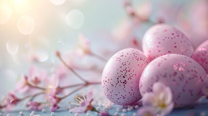 Easter eggs with spring flowers on a blue wooden background. Happy Easter.