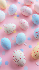 Colorful easter eggs on pastel pink background with confetti