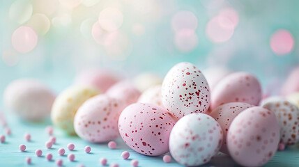 Fototapeta na wymiar Easter background with pastel colored eggs, copy space for your text