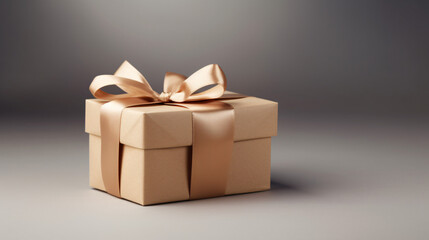 Gift box wrapped with craft paper and bow on neutral background.