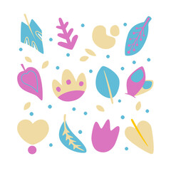 Set of abstract and floral elements. Simple flat illustration. Delicate color scheme. Vector isolated objects on white background