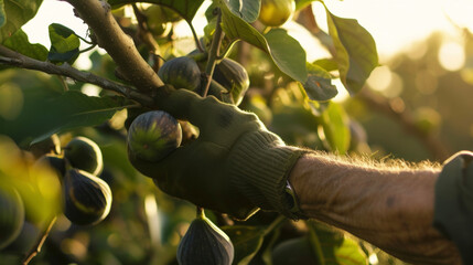 The careful grip of a gloved hand picking fresh figs from lowhanging branches the fruit almost...