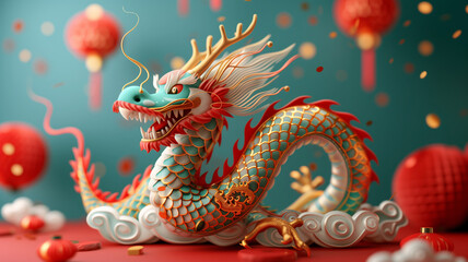 Obraz premium Dragon 3D chinese 2024 year gold new lunar podium happy background red golden. Chinese dragon 3D banner china festive illustration