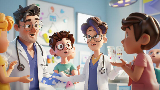 A virtual doctor leading a group of animated children through a fun and interactive simulation of a medical procedure using props and games to explain the steps involved.