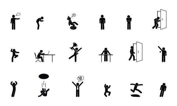 stick figure man icon, set of basic poses and gestures, human silhouettes, people isolated illustration