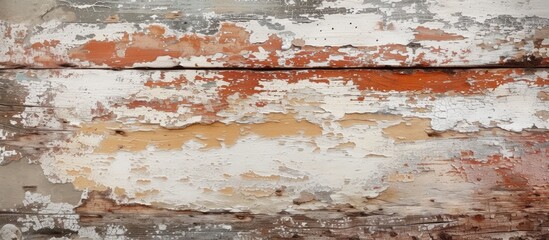 A detailed view of a weathered wall with peeling paint, revealing layers of decay and neglect. The texture of the wall is rough and uneven, showing signs of aging and deterioration.