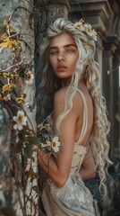 Obraz na płótnie Canvas Beautiful Blonde Woman Background in the Style with Nature Reclaiming the Ruins of Civilization around Her with Vines and Wildflowers created with Generative AI Technology